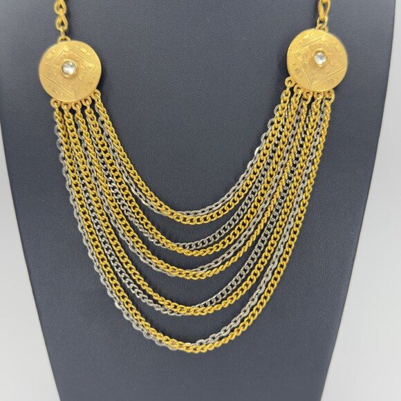 Vintage Multi Strand Festoon Gold Silver Chain Necklace Ornate Discs Hearts - Picture 2 of 14